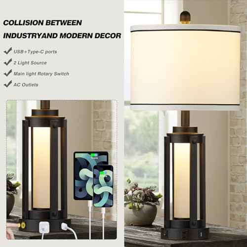 26" Modern Table Lamp with USB A+C Charging Ports & AC Outlet, Industrial Beside Contemporary Lamp Glass LED Night Light for Living Room Bedroom Nightstand End Table Single Black(2 Bulbs Included)