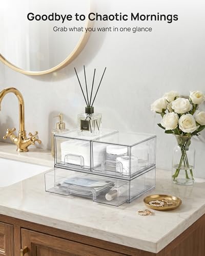Vtopmart Stackable Storage Drawers Set of 3,Clear Plastic Organizer Bins for Makeup, Cosmetics, Beauty Supplies,Ideal for Vanity, Bathroom,Cabinet,Pantry Organization - style: 2 Small+1 Wide