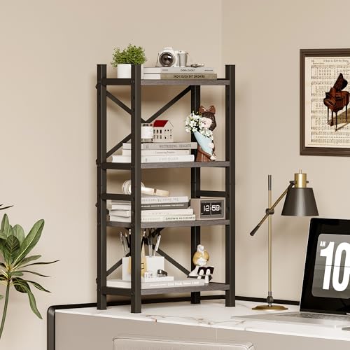 Desktop Bookshelf, 4-Tier Stackable Narrow Bookcase, Adjustable Industrial Desk Organizer & Hutch - Rustic Brown Wood Desktop Book Organizer for Living Room, Bedroom & Home Office - color: Grey
