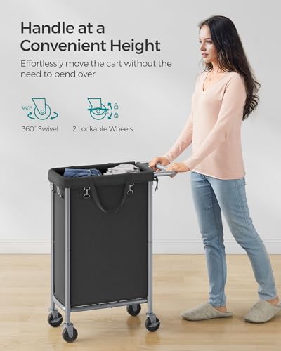 SONGMICS Laundry Basket with Wheels, Rolling Laundry Hamper, 23.8 Gallons (90 L), Removable Liner, Steel Frame with Handle, 24 x 11.4 x 31.9 Inches, Ink Black URLS003B01 - color: Ink Black, size: 90 L (1-Section), style: Rectangular with handle