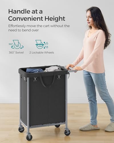 SONGMICS Laundry Basket with Wheels, 2-Section Rolling Laundry Hamper, 37 Gallons (140 L), Removable Liner, Steel Frame with Handle, 27.2 x 15.4 x 31.9 Inches, Ink Black URLS004B01 - color: Ink Black, size: 140 L (2-Section), style: Rectangular with handl