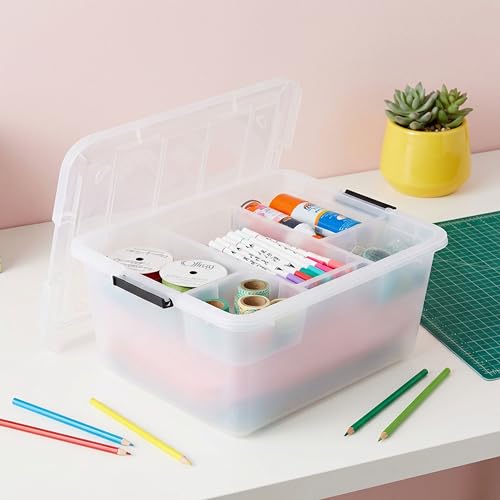 IRIS USA 18 QT Clear Storage Organizer with Removable Dividers, Stackable Plastic Storage Box with Lid, Modular Container for Crafts, Tools, Office & Pantry Organization - size: 18 Qt, style: w/ Tray