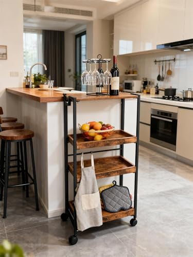 Garvee Large 4-Tier Wooden Folding Storage Shelf Cart with Locking Wheel, Expandable Kitchen Organizer Rack, 100 Lbs Loading Heavy Duty Garage Shelving, Easy Foldable No Assembly Required