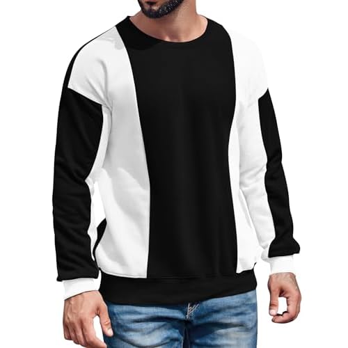 Runcati Mens Color Block Sweatshirt Pullover Crewneck Long Sleeve Fleece Casual Ribbed Patchwork Fall Tops