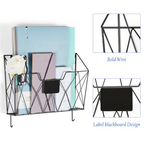 OYEAL Hanging Wall File Organizer, 6 Pockets Wall File Holder, Metal Mail Organizer Wall Mounted with Hooks for Papers, Folders, Office Magazine Rack, Black