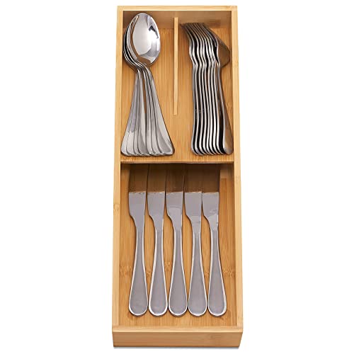 guiogc Bamboo Silverware Drawer Organizer, Kitchen Cutlery Tray,Utensil Holder for Spoons, Forks, Knives in Kitchen - size: Small
