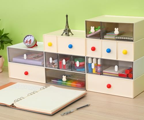 Desktop Storage Drawers, Plastic Desk Organizer with 1 Large Drawer, Modular Stackable Toolbox Units for Office Stationary, Makeup Container, Bathroom Countertop (1 Tall Layer, Cream) - color: 1 Tall Layer & 1 Drawer, Cream