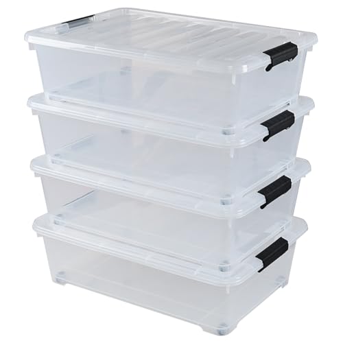 4-Pack 25 Quart Under Bed Plastic Storage Bins, Clear Under Bed Storage Box Container with Wheels - size: 25 Quart
