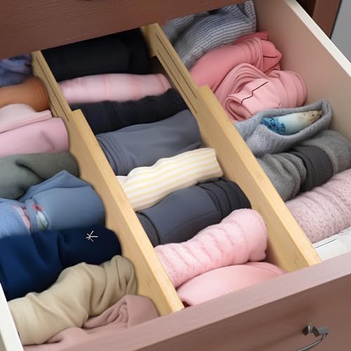 Fabsome Dresser Drawer Organizers 6 Pack, 4.65'' High Adjustable from 17-22‘’ Bamboo Drawer Dividers for Clothing Baby Clothes, Wooden Separators for Dresser Nursery Organization with Soft Foam Ends - size: For 17-22in deep drawers inner size