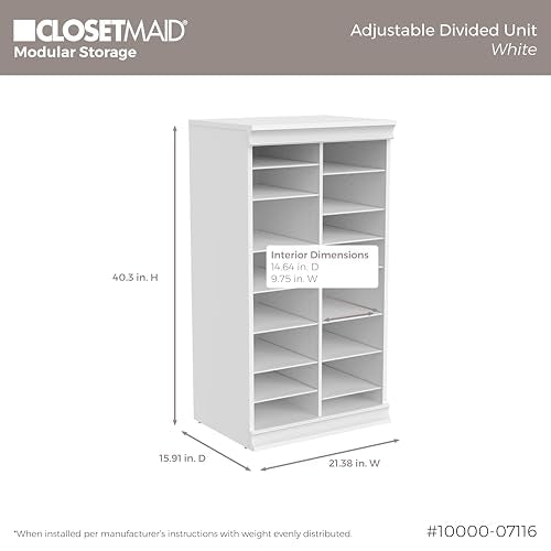 ClosetMaid Modular Adjustable Divided Storage Shelving Unit Organizer, 15.94-Inch D x 40.3-Inch H x 21.38-Inch W, White - color: White