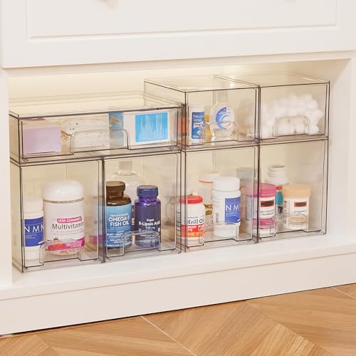 Vtopmart 7.6" H Clear Stackable Storage Drawers, 2 Pack Plastic Organizers Bins for Skincare, Cosmetics,Beauty Supplies,Ideal for Vanity, Bathroom,Kitchen Countertop,Cabinet Organization - style: 2pack High