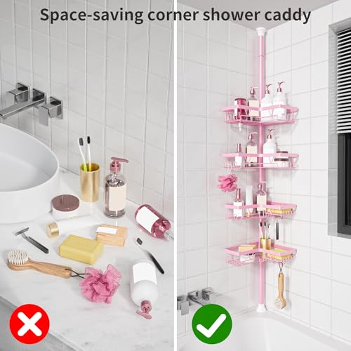 KEGII Shower Caddy Tension Pole, 4-Tier Rustproof Adjustable Corner Bathroom Organizer for Renters, 25–114.2 Inch No Drill Space-Saving Shower Storage Rack, Pink - style: Tension Caddy（Pink）