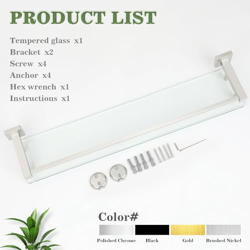 Alise Glass Bathroom Shelves Wall Mounted, 24 Inch Tempered Floating Shelves Bathroom, Stainless Steel Bathroom Glass Shelf - color: Brushed Nickel, size: 24 Inch