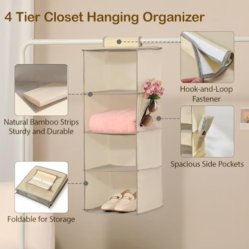 Hanging Closet Organizer 4 Tier Hanging Storage with Side Pocket, Foldable Hanging Shelves for Clothes, Laundry Room & RV Use