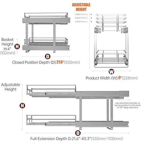 JOWBOOW 2-Tier Individual Cabinet Pull Out Shelves (9" W x 22" D), Slide Out Kitchen Panty Narrow Cabinet Storage Sliding Shelves - size: 9 x 22 Inch