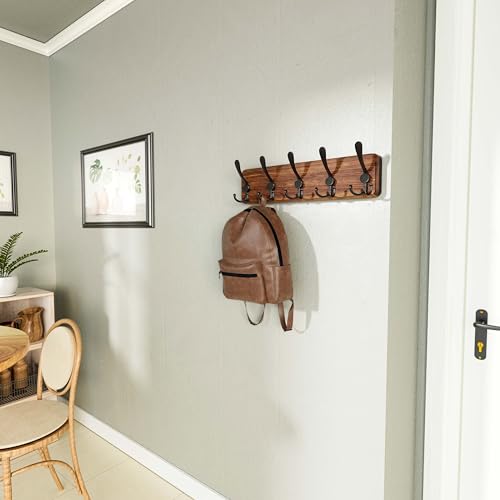 SKOLOO Rustic Wall Mounted Coat Rack: 16" Stud Spacing, Pine Real Wood Plank Wall Coat Rack with 5 Triple Hooks, Farmhouse Coat Hanger Wall Mount for Hanging Backpack Jacket Coat Hat - color: Brown Plate & Black Hook, size: 1 Item-5 Hooks