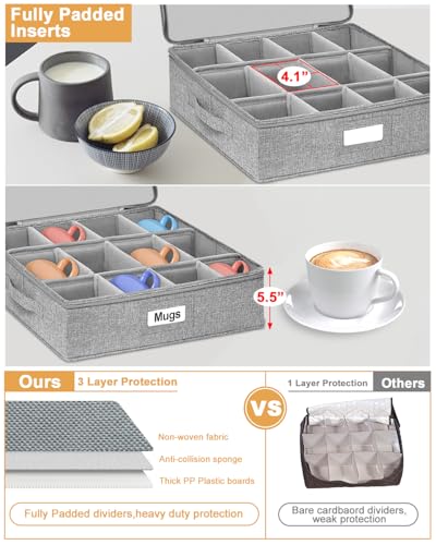 punemi Mug Storage Organizer w/Hard Shell Sides & Bottom, Padded Dividers, 2-Pack Stackable Coffee Mug Storage Boxes for Tea Cups, China Storage Containers for Packing & Moving - style: Coffee Storage 2pcs