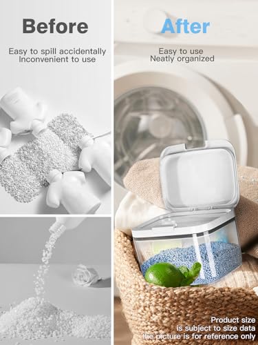 LivLab Mker Laundry detergent dispenser with One-Press Lid,for laundry room organization,Clear PET laundry powder container with Measuring Cup,laundry pods container 2.8L/6Lbs/100oz(120 Pods)
