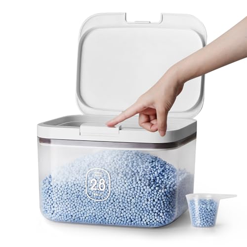 LivLab Mker Laundry detergent dispenser with One-Press Lid,for laundry room organization,Clear PET laundry powder container with Measuring Cup,laundry pods container 2.8L/6Lbs/100oz(120 Pods)