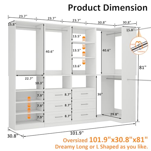 Vomavex Closet System with 4 sets, 101.9" Closet Organizer Systems with 6 Drawers & 8 Hanging Rods & Adjustable Shelves, Walk in Closet Standing Closet System, Corner Closet System Set, White