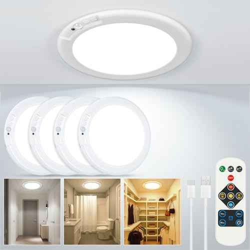 Rechargeable Ceiling Light No Wiring - Battery Operated Led Lights for Bedroom with Remote, Motion Sensor Night Light Indoor Hallway, Living Room, Bathroom, Home & Kitchen Decor Lighting (4)