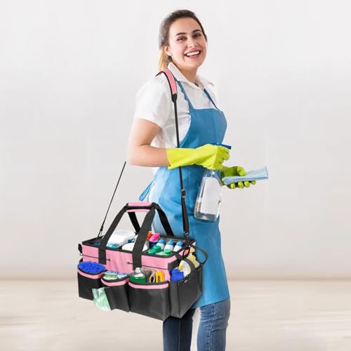 Grekos Wearable Cleaning Caddy Bag, Cleaning Caddy Suppliers Organizer with 4 Foldable Dividers, Handle & Shoulder Straps Cleaning Tool Organizers for Cleaners & Housekeeper (Pink)