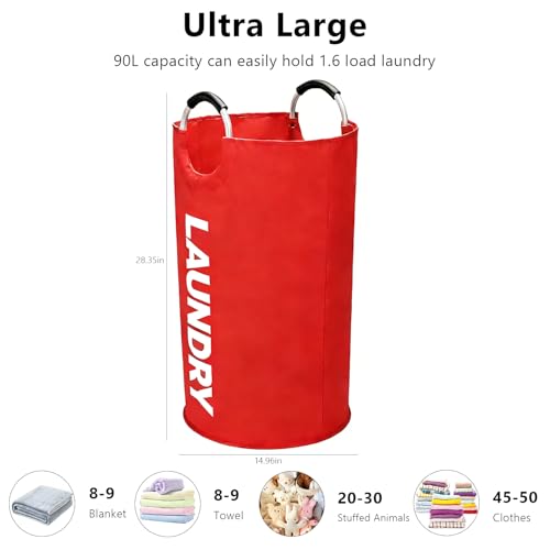A large 90 liter laundry basket that can be folded for easy carrying. Suitable for bathrooms, laundry rooms, and travel (Red) - color: Red
