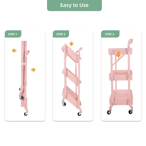 3-Tier Folding Rolling Utility Cart with Wheels, Foldable Storage Cart Organizer with 3 Hanging Cups & 6 Hooks for Kitchen, Office, Living Room, Nursery(Pink) - color: Pink