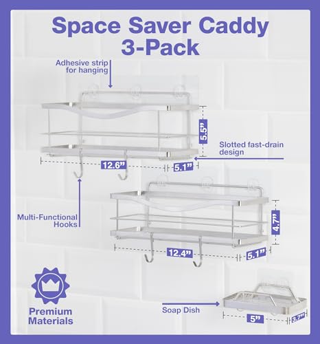 KINCMAX Shower Caddy and Soap Holder, Rustproof SUS304 Stainless Steel, Adhesive Wall Mount Double Baskets 3-pack with Hooks (Polished Silver) - color: Polished Silver, size: 2-Pack Caddies + Soap Holder
