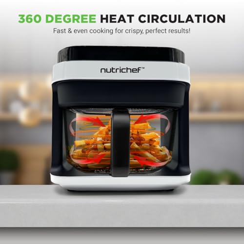 Nutrichef 5.8 Quart Air Fryer | 8-1 Preset Cook Modes | Transparent Fry Bowl for Best Cooking Results | Cook Shrimp, Steak, Fries, Wings, Chicken & More | Precise Temperature Control & Time | White