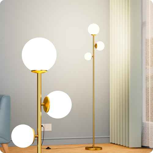 Floor lamp with 3 Frosted Glass Shades,Stangding Lamp Floor Lamps for Living Room Bedroom Office with 3 led Bulbs,Tall lamp with Foot Switch (Gold)