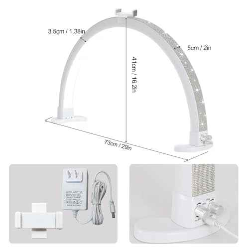 Half Moon Light with Phone Holder, 29 in 48W Nail Desk Lamp, Lash Light for Eyelash Tech, Makeup, Tattoo, Spa, Salon, Nail Tech Lamp with Stepless Dimming & Color Temperature(White)