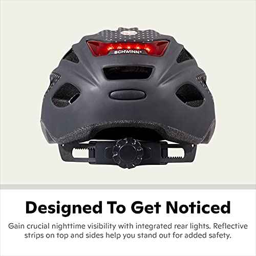 Schwinn Beam Lighted Helmet for Adults, Size 58 - 62 cm for Riders Ages 14+, Rear LED Light, Reflective Strips, Adjustable Dial and Straps, 17 Air Vents, Removable Visor, Adult Bike Helmet