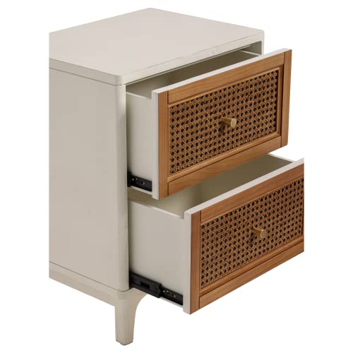 COZAYH Fully-Assembled 2-Drawer Woven Cane Front Accent Nightstand with Brass Knobs, Distressed White - color: Distressed White, style: 2 Drawer/1 pack