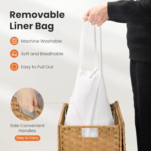 90L Laundry Hamper with Lid, Hand-Woven Pp Rattan Laundry Basket with Compartments & Handles, Removable Liner Bags,Foldable, Narrow Dirty Clothes Basket, Yellow - color: 90L-Yellow