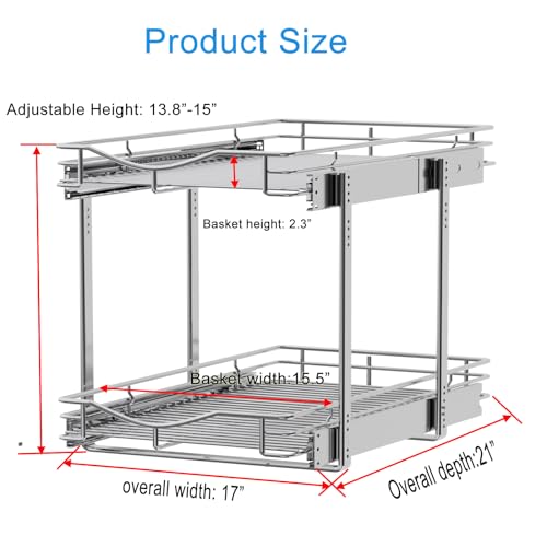 DINDON 2 Tier Pull Out Cabinet Organizer (17" W X 21" D), Double Tier Wire Basket Slide Out Shelf Storage for Kitchen Base Cabinet, Chrome Finish - size: 17'' W X 21'' D
