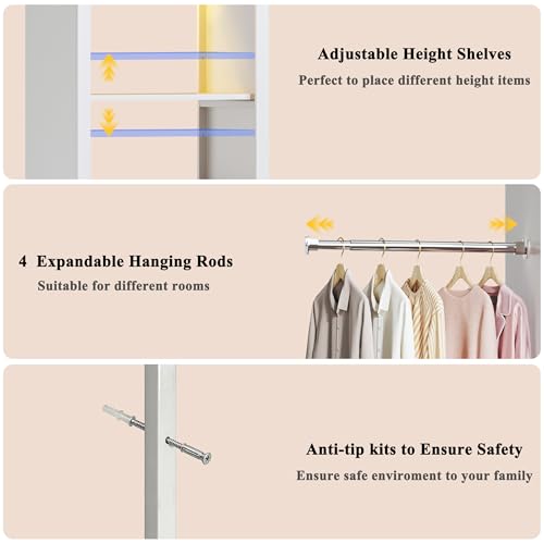 100'' Closet System with 4 Hanging Rods & LED Lights, 2-8 FT Wood Closet Organizer Systems with 5 Shelves, 6 Height Adjustable, Walk-in Closet Organizer Wardrobe Clothes Rack, Garment Rack, White