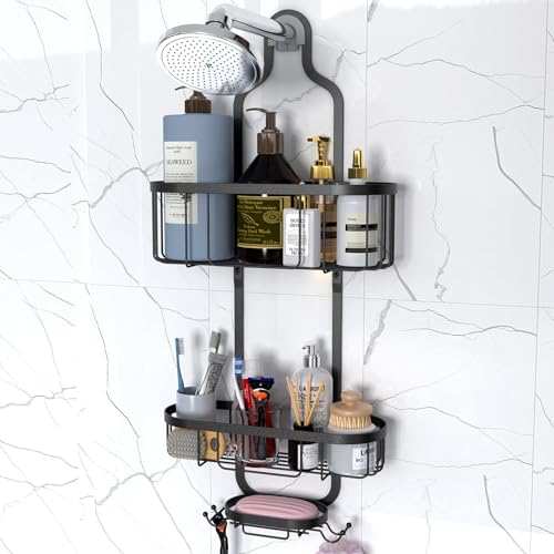 Kadolina Shower Caddy Hanging, Bathroom Shower Rack, Bathroom Organizer with Soap Dish, Over The Showerhead Caddy with Hooks for Razor/Sponge, Black - color: Black