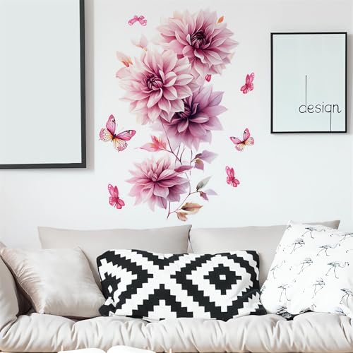 Pink Dahlia Flower Butterfly Wall Stickers, Daisy Peony Floral Art Wall Decals Removable Vinyl Peel and Stick Bathroom Living Room Bedroom Furniture Door Home Decorations