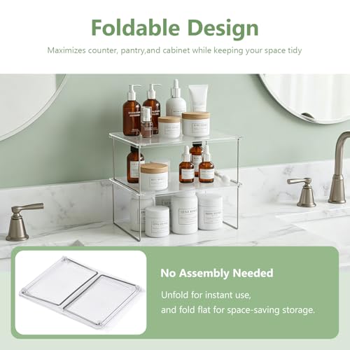 IVYHOME Pantry Organizer, Cabinet Storage Shelf Rack, Stackable Kitchen Cabinet, Foldable Countertop Shelf Organizer, 2 Pack