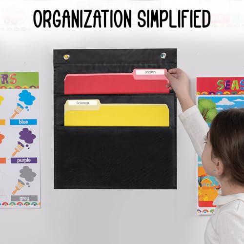 Essex Wares - 2 Pocket File Pocket Chart, Black - Versatile Wall Hanging File Folder Organizer for Classroom, Office, Home, and More - Wall Folder Organizer - Two Pockets - size: 2 Pocket