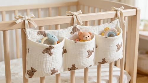 Bedside hanging bag for storing baby milk bottles and blankets - Baby diaper folding bed organizer bag - White teddy bear - color: white