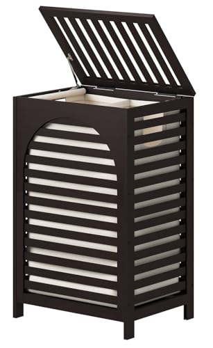 Laundry Hamper, 22.5 Gallon (85L) Bamboo Wood Clothes Laundry Basket with Lid and Handles, Removable Liner (Brown, Large) - color: Brown, size: Large