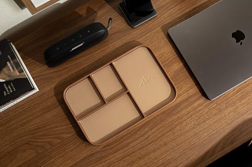 MUUJEE Leather Catchall Multitray (Design 1) - 11.65 x 7.75 x 0.8, Everyday Watch and Wallet Caddy Organizer with 4 Compartments, Accessory Glasses Phone Valet Dump Tray for Bedside Nightstand, Tan - color: Tan