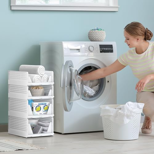 Sorbus 4 Pack Folding Closet Shelf Organizer for Clothes, Versatile Stackable Storage Baskets for Closet, Bathroom, Kitchen and Garage with Easy Access Open Front Design, Plastic Organizer Shelves - size: 4 Small