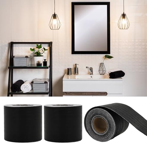 2-Pack 393" Black Wood Grain Mirror Frame Border Peel and Stick Wallpaper - Removable Waterproof PVC Wallpaper Border Peel and Stick Trim for Bathroom Mirror Frame, Cabinet, Ceiling & Tv Edges