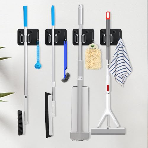JAMEND CLXP 4-Pack Broom Holder with Heavy Duty Hooks, Upgraded Stainless Steel Mop Hanger. Wall Mount Utility Tool Rack for Kitchen Garden Laundry Garage. Matte Black. - color: 4PCS-Matte Black+Hook