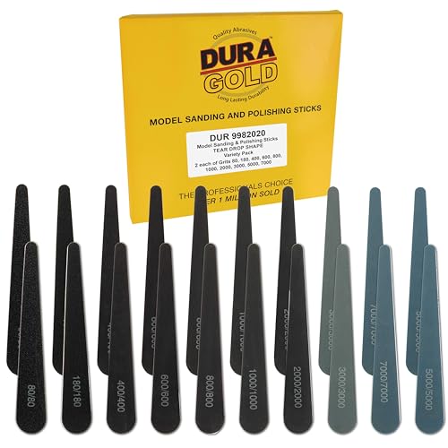 Dura-Gold Sanding Sticks and Polishing Sticks for Plastic Models, Pack of 20-2 Each of 10 Grits, Coarse 80 to Ultra-Fine 7000 Grit, Water Drop Style - Sand Wood Metal Auto Detailing, Hobby Sandpaper