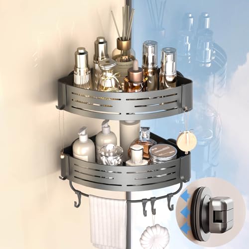 Onemake Corner Shower Caddy with Suction Cups, 2-Pack Removable Aluminum Wall Mounted Organizer Shelves Storage Rack with Towel Bar Portable Hook for Bathroom, Grey - style: 2 Tier-Gray-Triangle Caddies