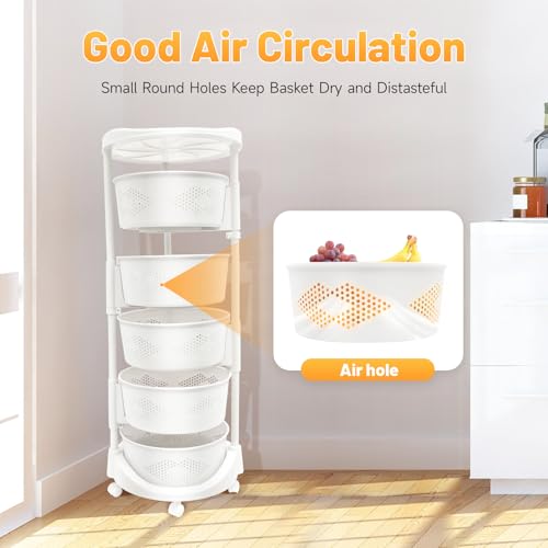 5 Tier Kitchen Storage Rack, Rotating Storage Shelf with Lockable Casters Multi-Layer Kitchen Shelf Vegetable Rotating Basket Organizer Stackable Round Storage Cart - size: 5 Tier